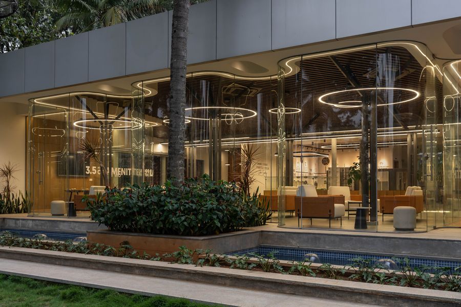 Glass facade of the marketing office at night