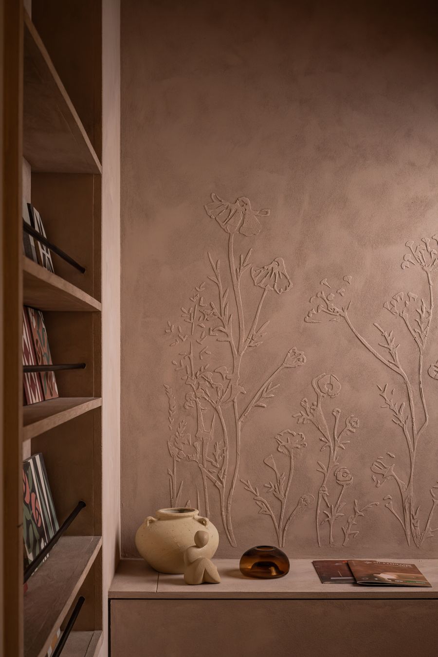Lounge seating area with sculptural side tables