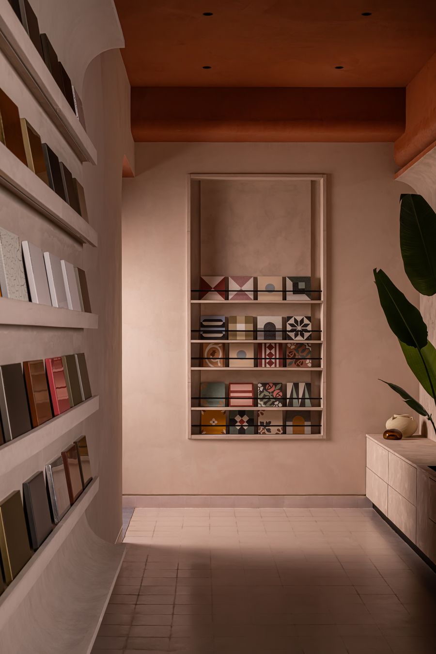 Reception with sliding textured doors