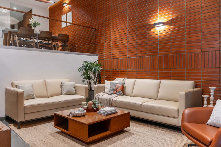 Living room with wood-clad feature wall