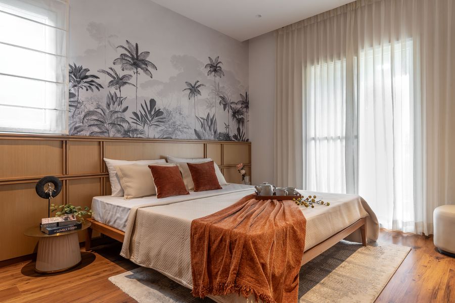 Master bedroom with tropical mural wallpaper