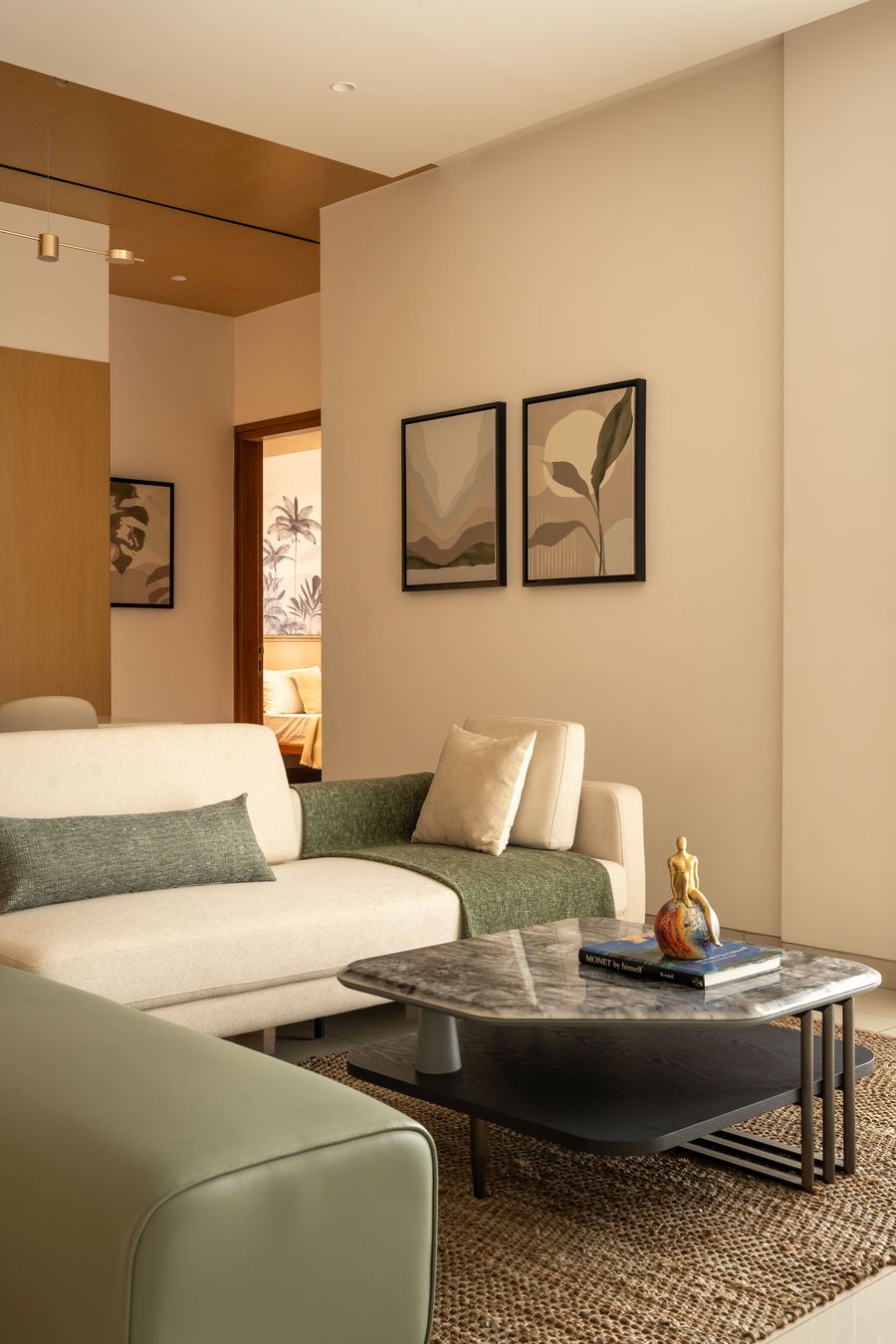 Living room seating with layered textiles